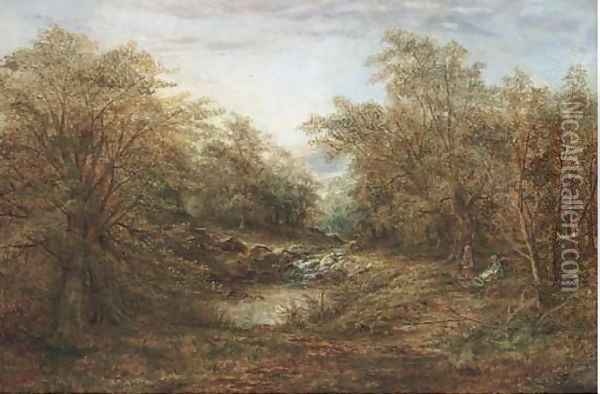 Children by a woodland stream Oil Painting - Harry Wallace