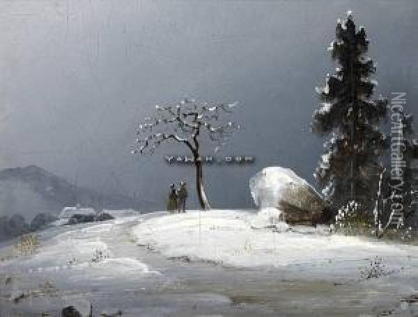 Mennesker I Vinterlandskap Olje Pa Plate Oil Painting - Peder Balke