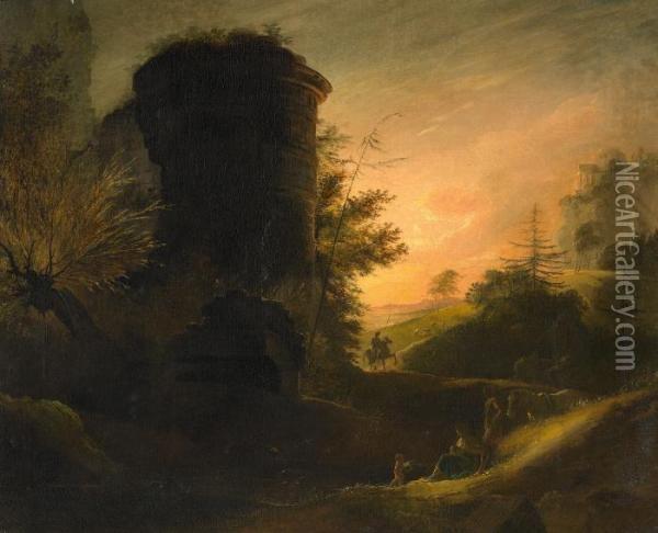 Sunset Over A Panoramic Landscape With Ruins And Figures Oil Painting - Johann Heinrich Ramberg