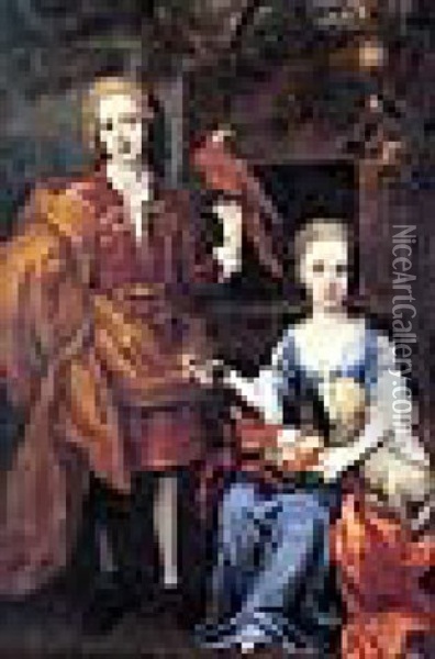 Portrait Of Francis Wyse Wearing A Red Coat And Brown Cloak, And His Sister Catherine Wearing A Blue Dress With A Lamb Oil Painting - John Closterman