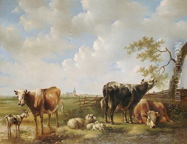 Cattle, Sheep And A Goat In A Landscape Oil Painting - Albertus Verhoesen