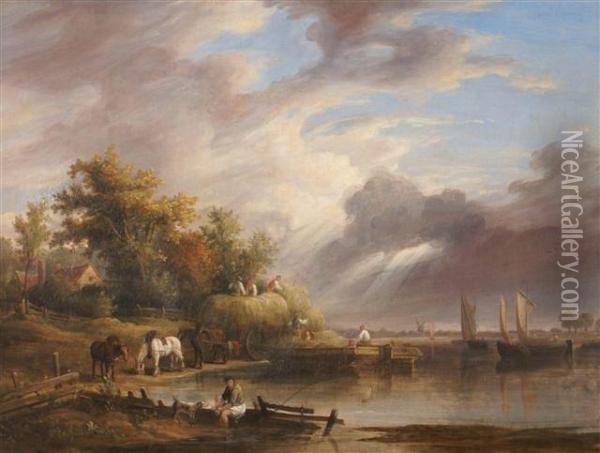 Ariver Landscape With Figures On A Cart And Horse Oil Painting - John Hilder