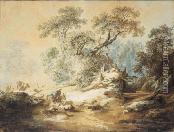 Wooded Autumn Landscape With Shepherds And Their Flock Oil Painting - Jean-Baptiste Huet I