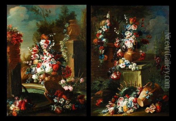 Jeweils Groses Blumengesteck In 
Vase Bzw. Auf Architektursockel Vor Dunkelwolkigem Hintergrund. Oil Painting - Gasparo Lopez
