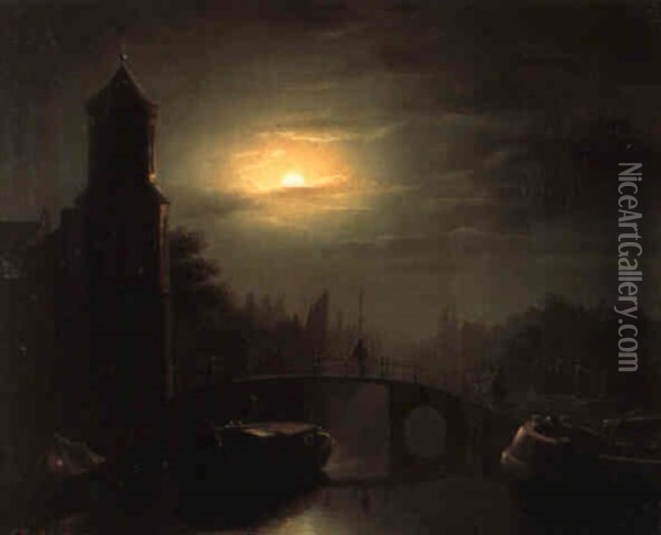 Stad Bij Maanlicht Oil Painting - Petrus van Schendel