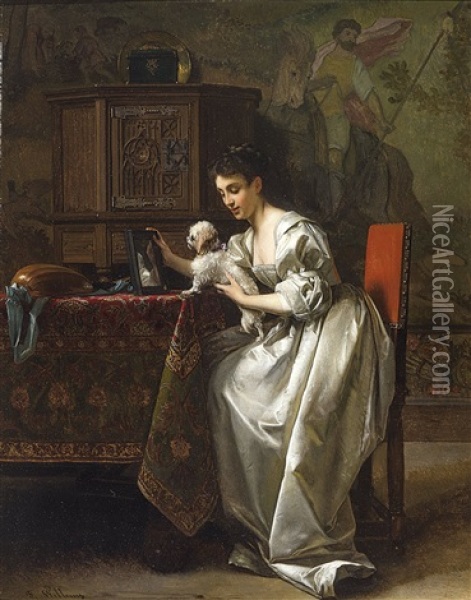 Interior With Woman And Dog Oil Painting - Florent Willems