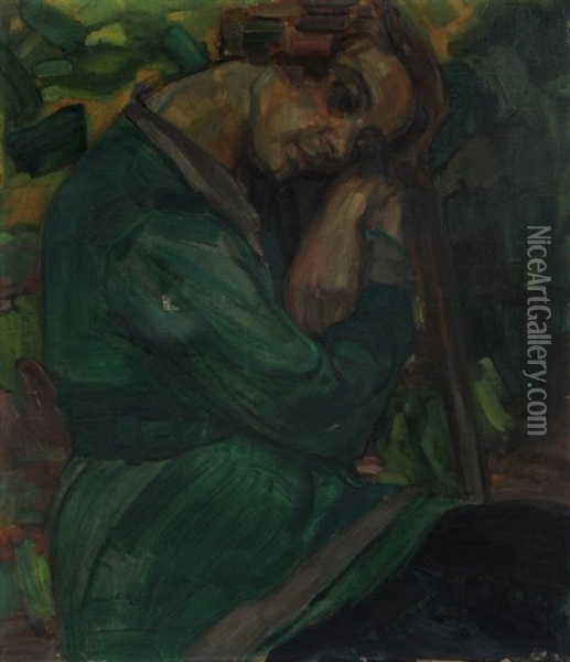 Junge Frau Im Grunen Kleid Oil Painting - Robert Hahn
