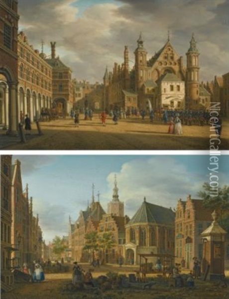 The Hague, A View Of The Binnenhof Looking North With The Ridderzaal (+ The Hague, A View Of The Groenmarkt Near The Westeinde Looking West; Pair) Oil Painting - Paulus Constantijn la (La Fargue) Fargue