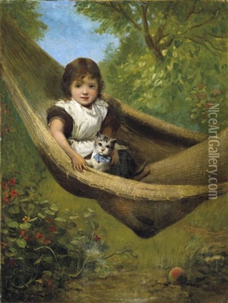 Kleines Madchen Mit Ihrer Katze In Der Hangematte Oil Painting - Alexander Rosell