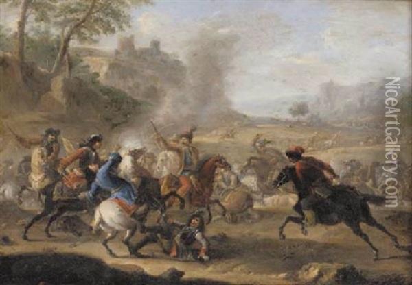 A Cavalry Skirmish Between The Christians And Turks Oil Painting - Francesco Giuseppe Casanova