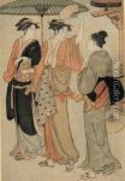 Trois Jeunes Femmes Sous Un Parasol Oil Painting - Torii Kiyonaga