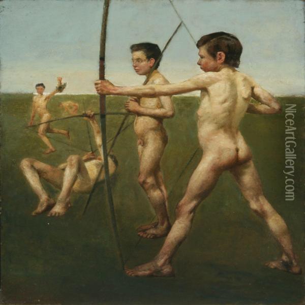 Young Naked Archers, Recto And Interior With Playing Trio,verso Oil Painting - Johan Rohde
