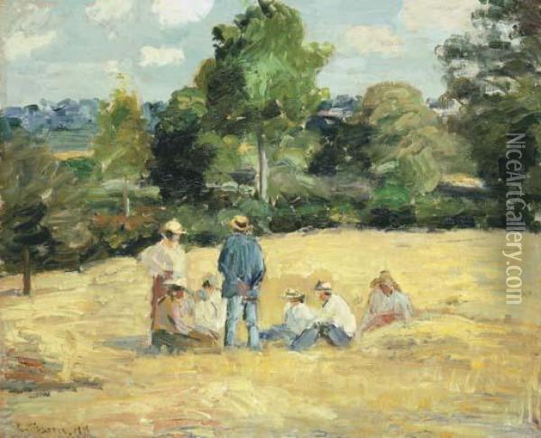 Le Repos Des Moissonneurs, Montfoucault Oil Painting - Camille Pissarro