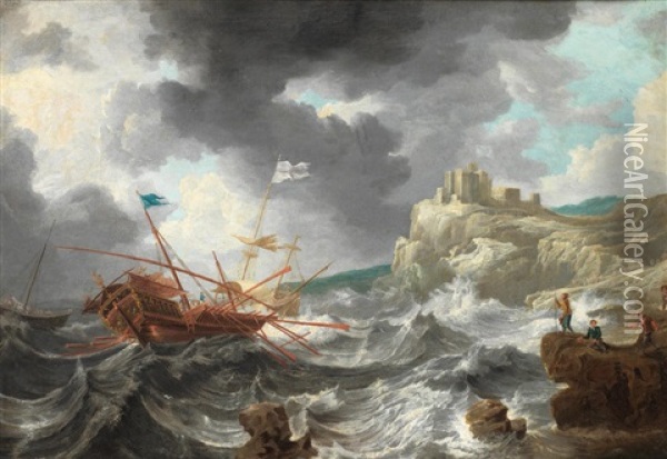 Spanish And English Galleons Foundering In Stormy Waters With Figures Watching On From A Rocky Coastline With A Spanish Fortress Beyond Oil Painting - Jan Peeters the Elder