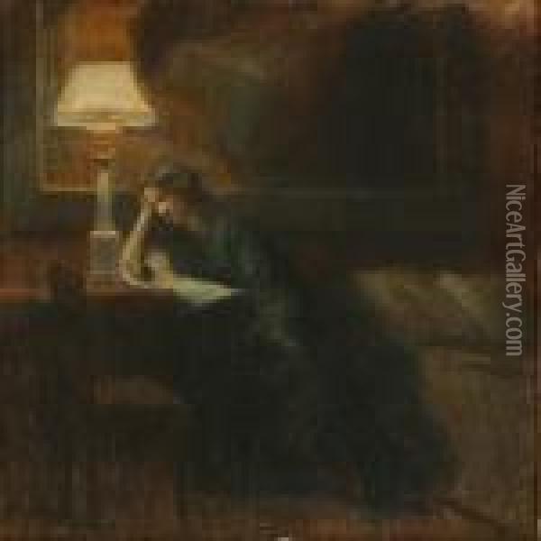 Drawing Roominterior With A Reading Woman Oil Painting - Poul Friis Nybo