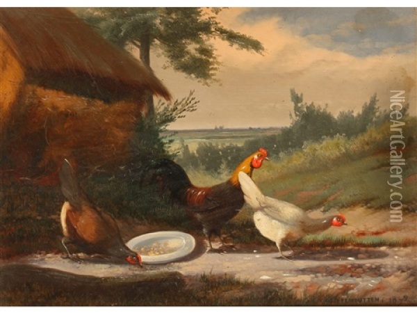 Chickens Feeding Beside Barns With A Landscape Beyond (pair) Oil Painting - Jef Louis Van Leemputten