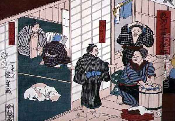Moral teaching for shopboys giving good and bad examples of behaviour 3 Oil Painting - Utagawa Kuniyoshi