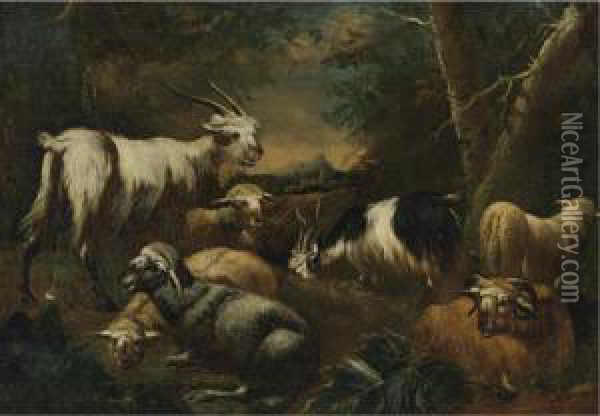 Goats And Sheep In A Landscape Oil Painting - Jan I Roos