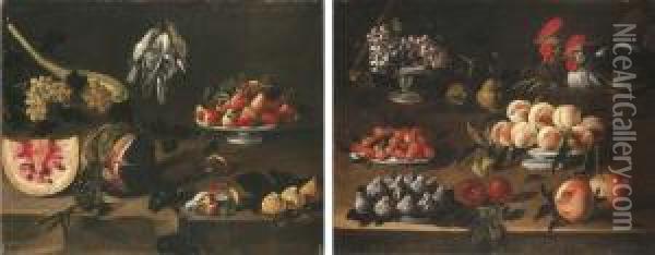 Platter Of Fruit On A Table Ledge Oil Painting - Giovanni Quinsa