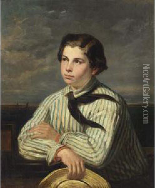 Portrait Of A Boy Holding A Hat Oil Painting - Julius Wagner