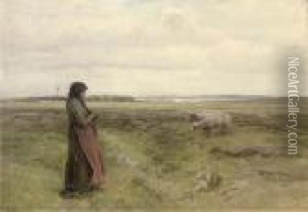 A Shepherdess Knitting Oil Painting - Knud Larsen