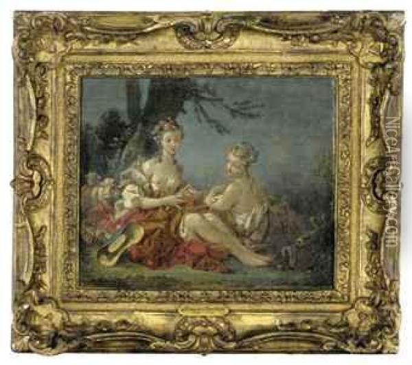 A Pair Of Shepherdesses In A Bucolic Setting 
Oil On Canvas Oil Painting - Francois Boucher
