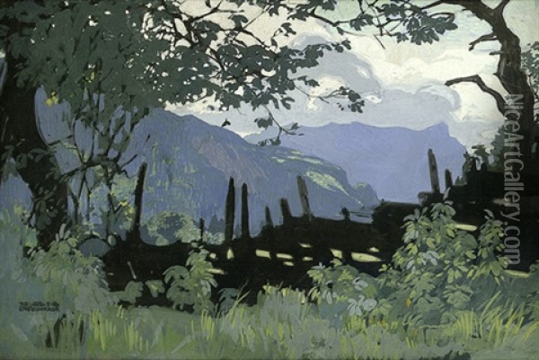 Blick Zwischen Baumen Auf Eine Gebirgslandschaft Oil Painting - Josef Engelhart