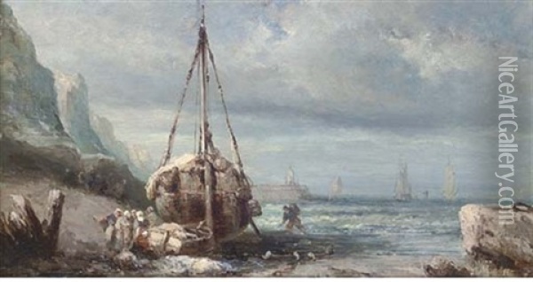 Unloading The Catch At Low Tide Oil Painting - Charles Euphrasie Kuwasseg