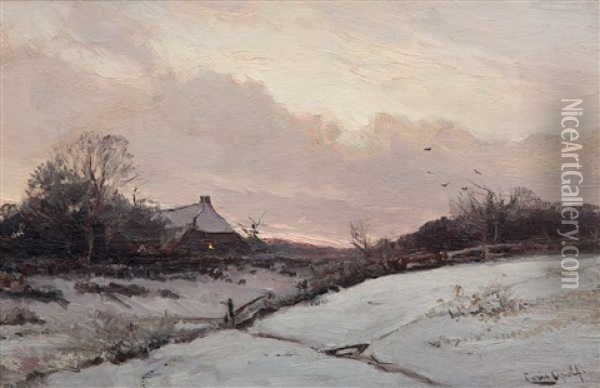 A Farm In A Snowy Landscape At Sunset Oil Painting - Louis Apol