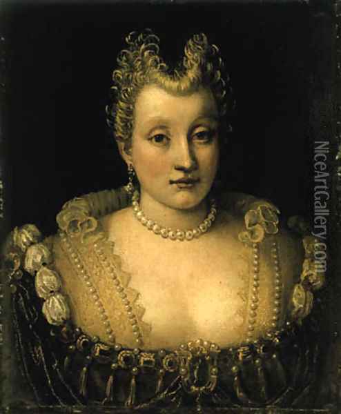 Portrait of a lady, said to be of the Contarini family, bust-length, in an elaborate dress with jewels and a pearl necklace and earrings Oil Painting - Francesco Montemezzano