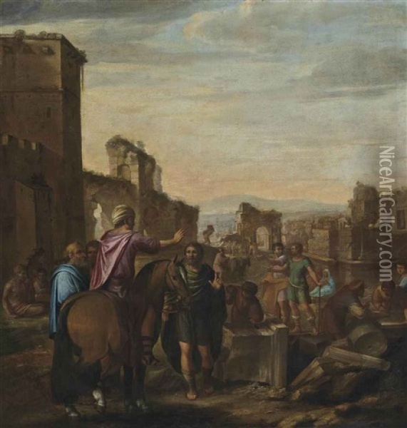Classical Figures Inspecting The Construction Of An Edifice Oil Painting - Claes Cornelisz Moeyaert