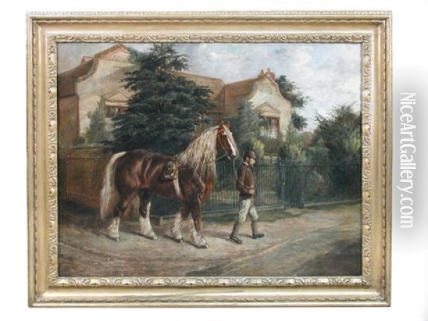The Travelling Stallion With His Horseman At Rampton Manor, Cambridgeshire Oil Painting - Benjamin Cam Norton