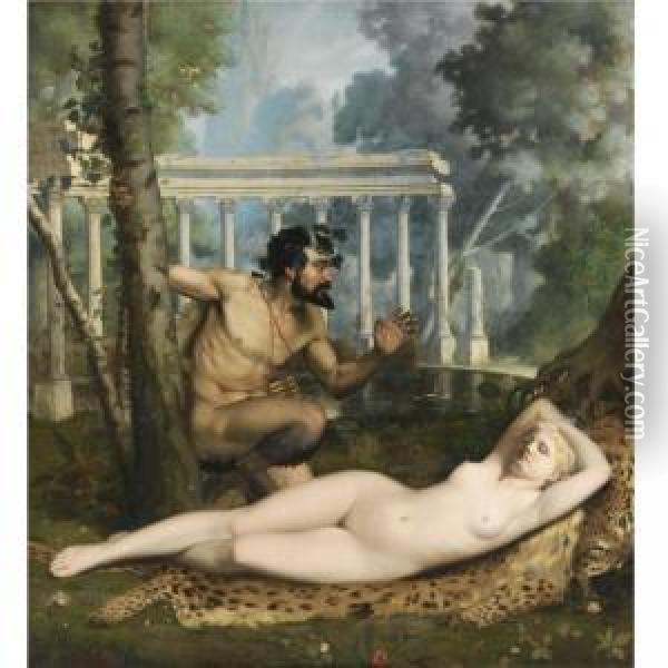 Pan And Venus Oil Painting - Adolphe-Alexandre Lesrel