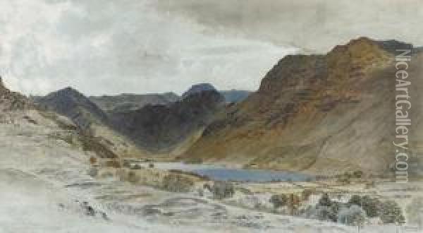 Buttermere, Cumberland From The 
Knotts Behind The Victoria Inn,looking South, Showing Honister Cragg And
 Fleetwith Oil Painting - Aaron Edwin Penley