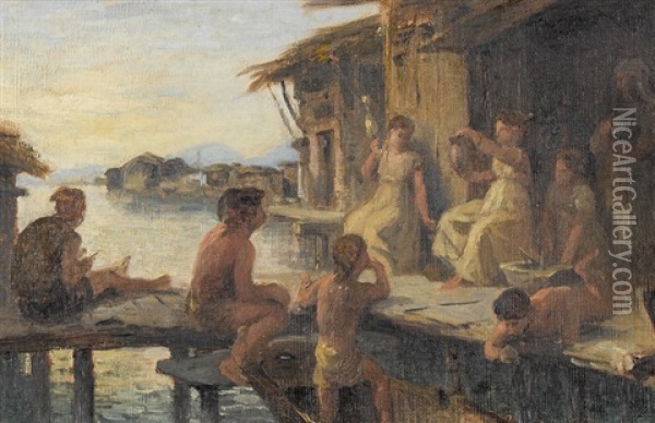 Pfahlbauten Mit Kindern Und Erwachsenen Oil Painting - Albert De Meuron