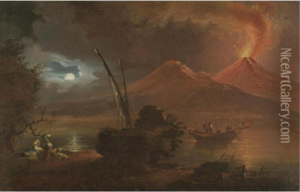A View Of Mount Vesuvius Erupting By Moonlight Oil Painting - Francesco Fidanza