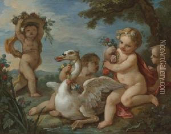 Putti Adorning A Swan With A Garland Of Flowers Oil Painting - Charles Joseph Natoire