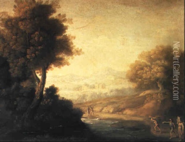 An Itaianate River Landscape With Peasants On A Track Oil Painting - Andrea Locatelli