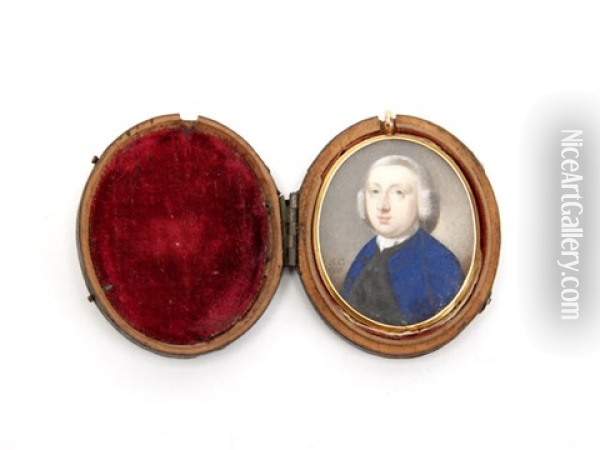 A Portrait Miniature Of Mr Chiseldon, Wearing Blue Coat, Black Waistcoat, White Chemise, Stock And Cravat, Powdered Physical Wig Oil Painting - Samuel Collins
