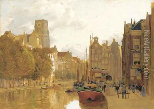 A view of Rotterdam with the Laurens church in the background Oil Painting - James Thomas Watts