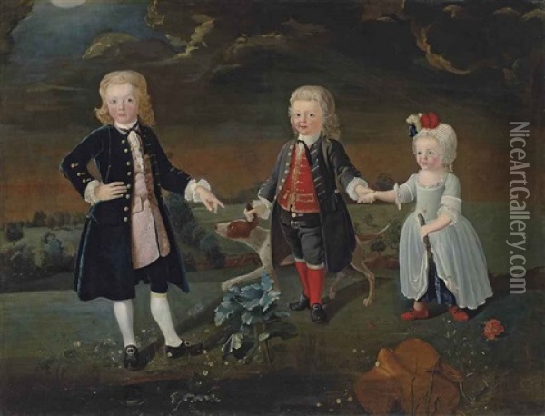 Group Portrait Of Daniel, William And Stephen Eaton, As Children, Full-length, With A Dog, In An Extensive Park Landscape Oil Painting - Pieter van Bleeck