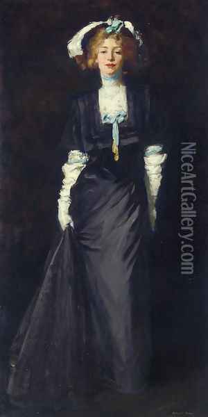 Jessica Penn In Black With White Plumes Oil Painting - Robert Henri