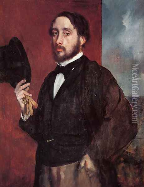 Self-Portrait: Degas Lifting His Hat Oil Painting - Edgar Degas