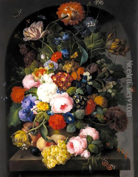 Ein Strauss Mit Rosen, Tulpen Und Mohnblume (Still Life With Roses, Tulips And Poppy) Oil Painting - Franz Xaver Petter