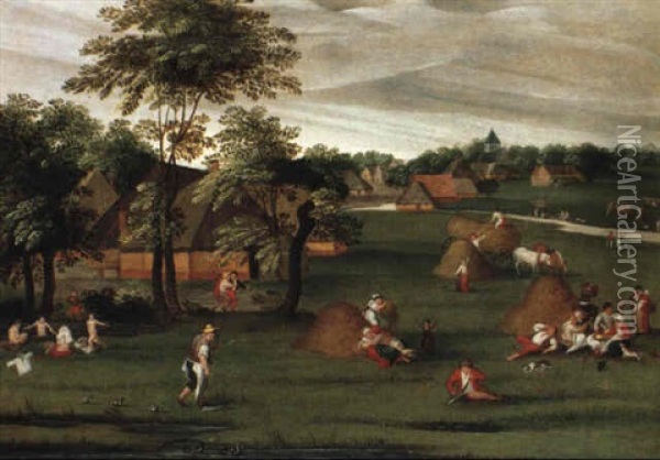 Summer: Peasants Picnicking Among Haystacks Oil Painting - Abel Grimmer