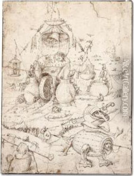 A Hell Scene With A Fish-monster
 With A Wheel In Its Mouth, A Barrel-creature And Various Other 
Monsters, And Figures Undergoing A Range Of Ordeals Oil Painting - Pieter van der Heyden