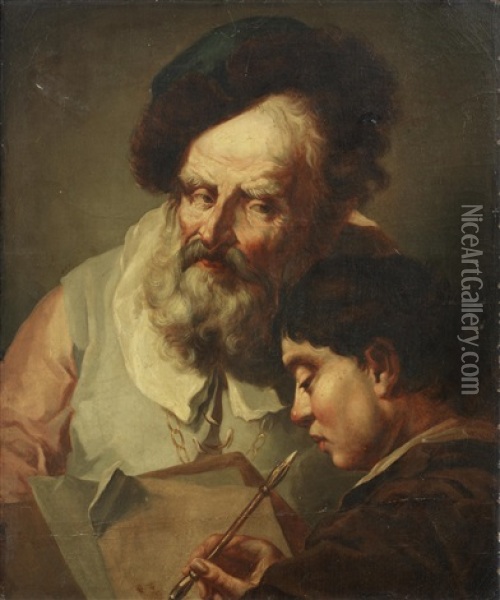 A Teacher With His Pupil Oil Painting - Domenico Maggiotto