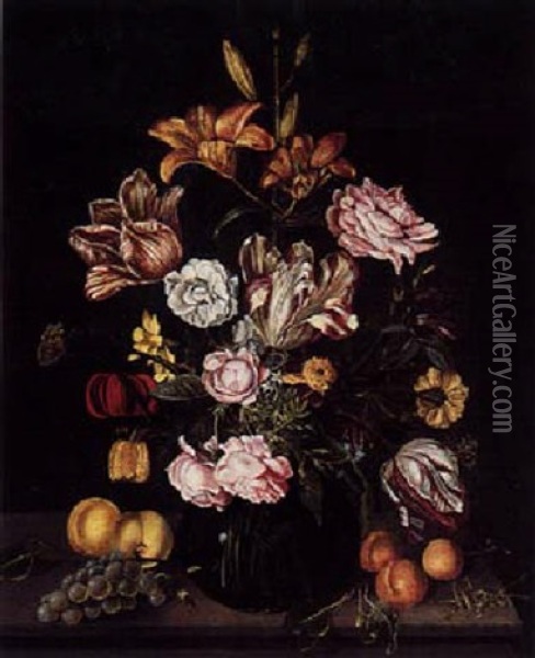 Flower Still Life With Tulip, Roses And Other Flowers In A Glass Vase With Peaches, Grapes And A Cricket, On A Wooden Table Oil Painting - Johannes Bosschaert