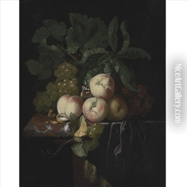 Still Life Of Peaches And Bunches Of Grapes Resting On A Marble Ledge Oil Painting - Isaac Denies
