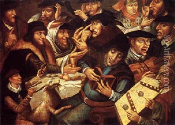 A Jewish Company Eating, Drinking And Making Music Oil Painting - Jan Massys